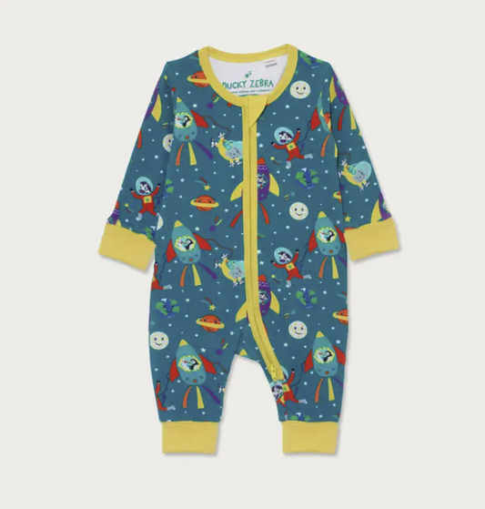 Organic Cotton Zip-Up Baby Romper with Space Print