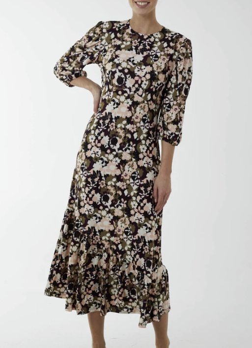 Floral Print Shirred Midi Dress