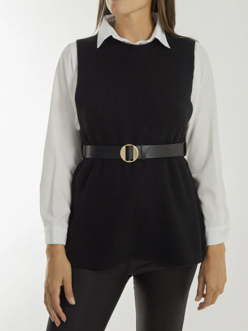 Belted Rib Knit Vest & Shirt