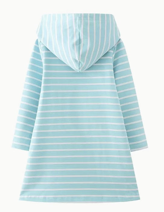 Long Sleeve Turquoise & White Breton Stripe Hooded Dress