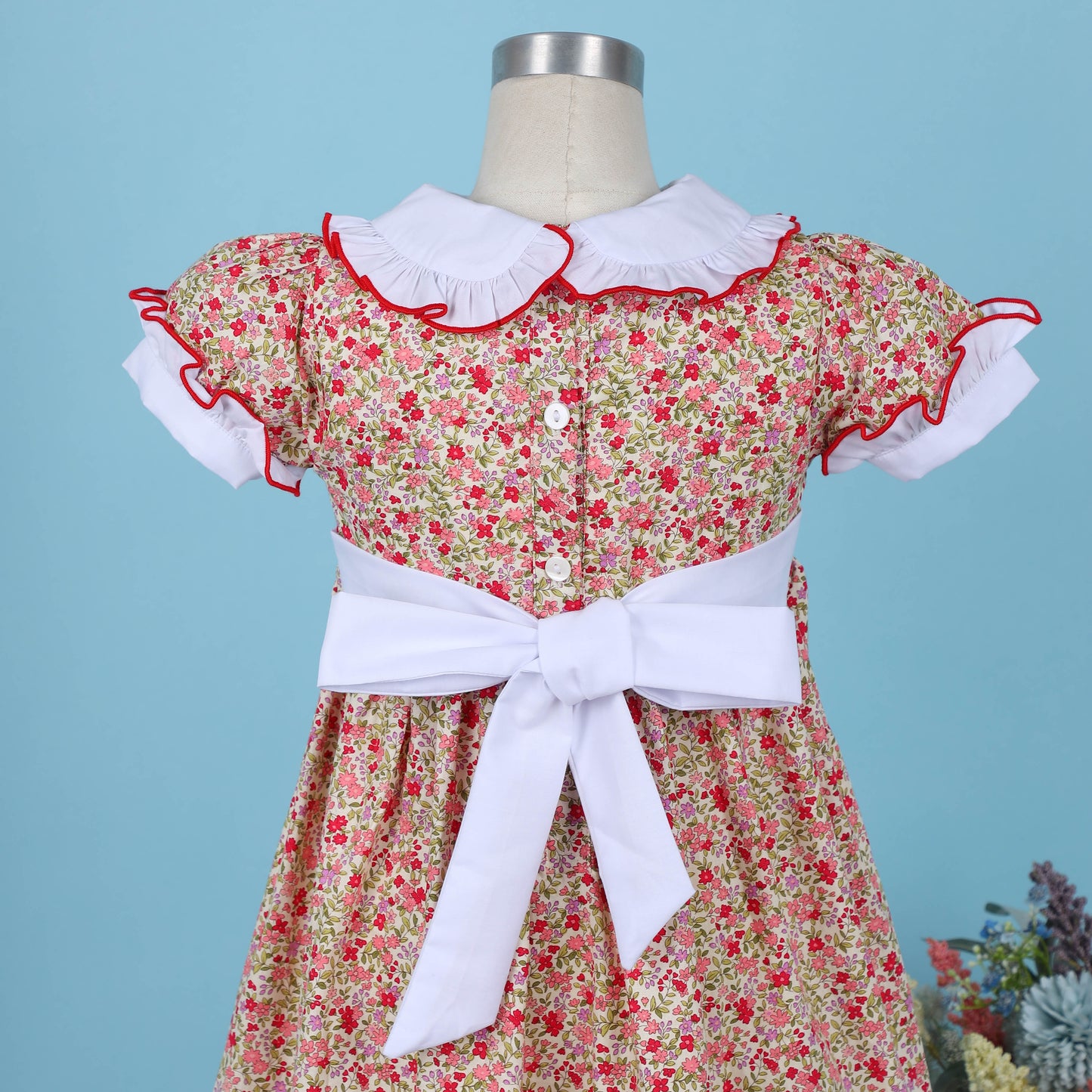Geometric Smocked Red Floral and Flower Embroidery