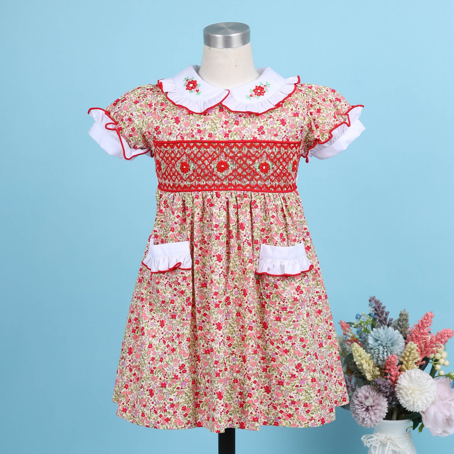 Geometric Smocked Red Floral and Flower Embroidery
