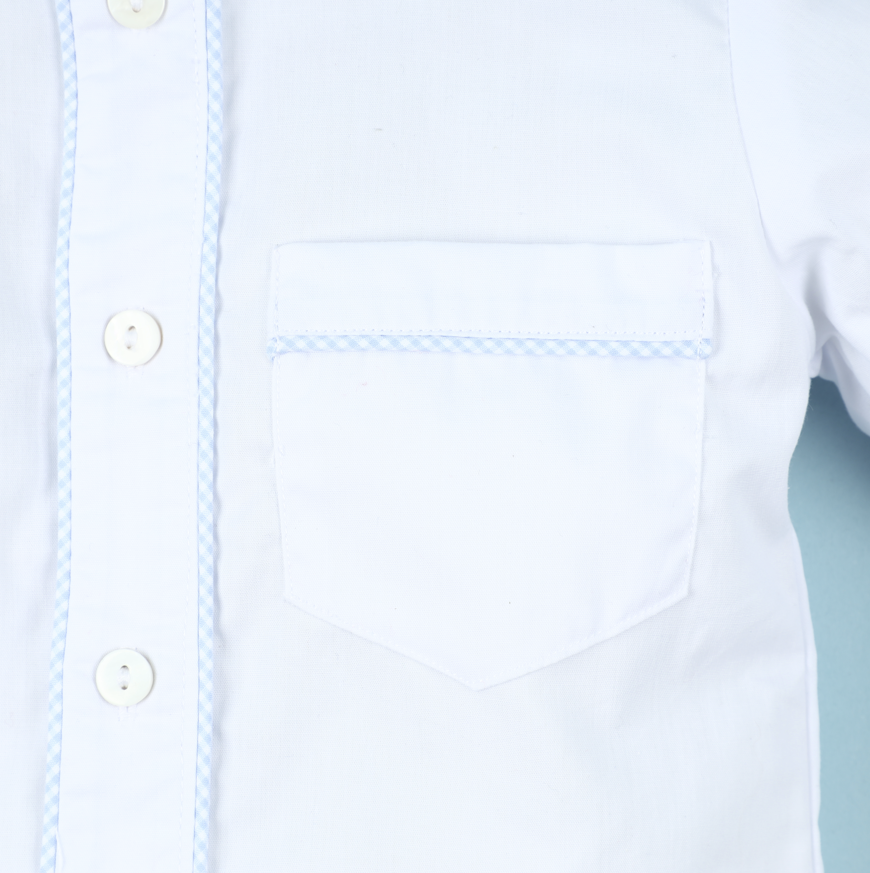 Collarless White Shirt With Blue Embroidered Trim