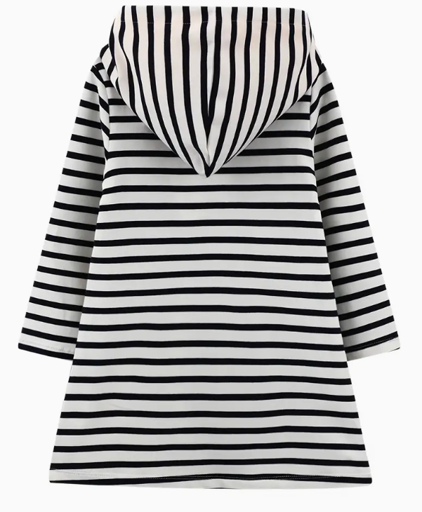 Long Sleeve Black & White Breton Stripe Hooded Dress - with Floral Motif