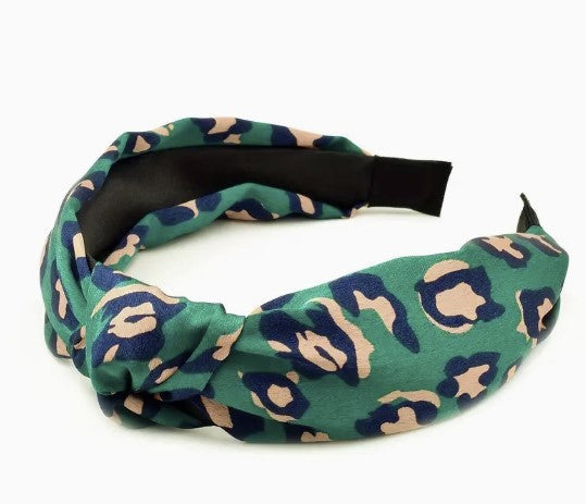 Cross Knotted Hairband - Green Leopard Print Pattern