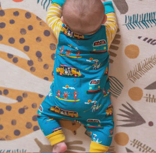 Organic Cotton Dungarees with Campervan and Paddleboard Print