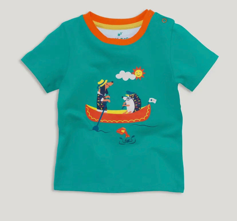 Organic Short Sleeve Turquoise T-shirt with Canoeing Dog and Hedgehog