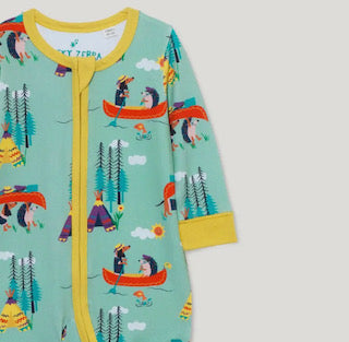 Organic Cotton Zip-Up Romper with Canoeing Dog and Hedgehog